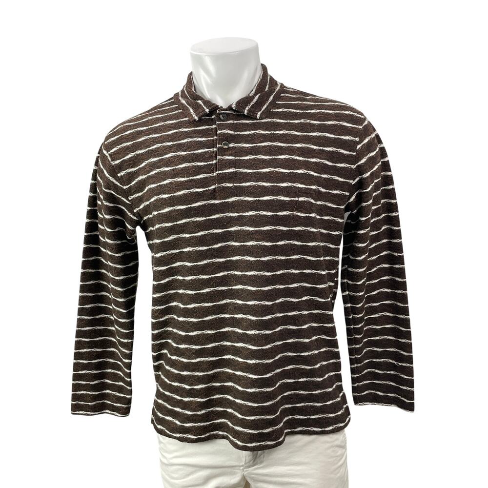 Urban Outfitters BDG Mens Brown White Striped Long Sleeves Polo Shirt Top Size M